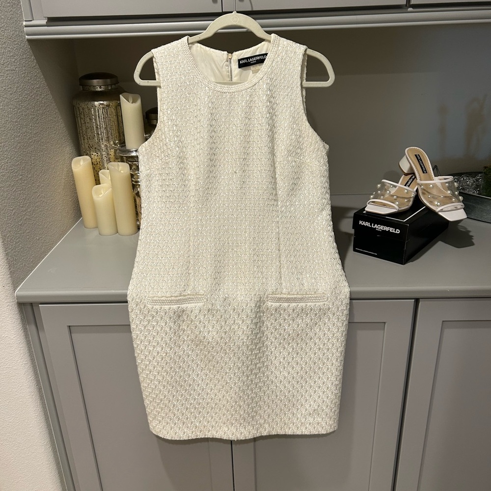 Karl Lagerfeld Cream Sheath Mini Dress Mock Neck